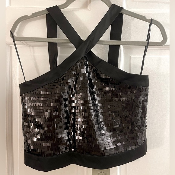 NEW with tags! ZARA sequin cropped top with low back and zipper. Size L. - Picture 1 of 3
